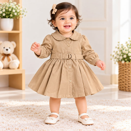 TOFFY HOUSE girls khakhi collared long sleeve frock dress with belt front view