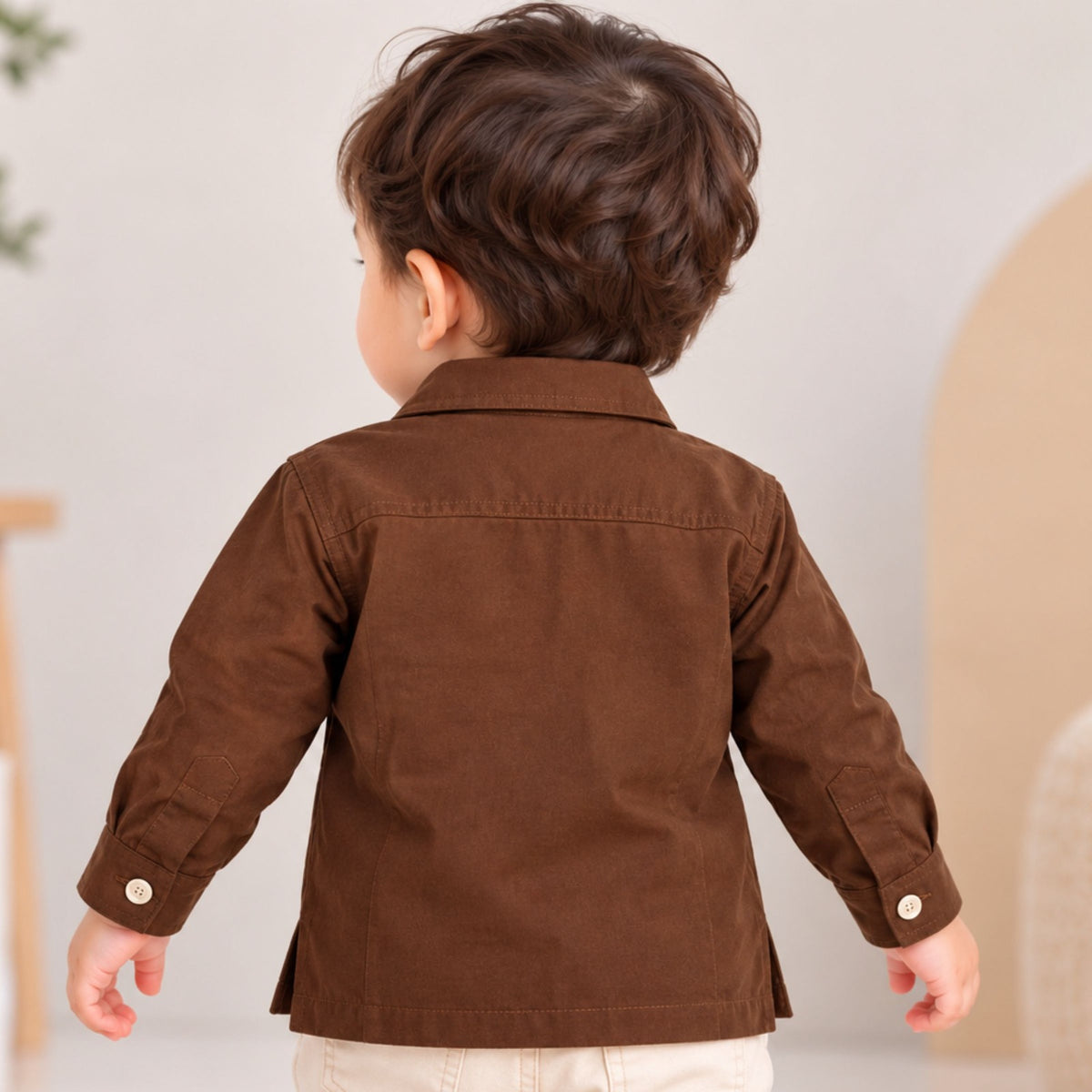 BLAZO camel brown boys shirt jacket back view with button cuffs