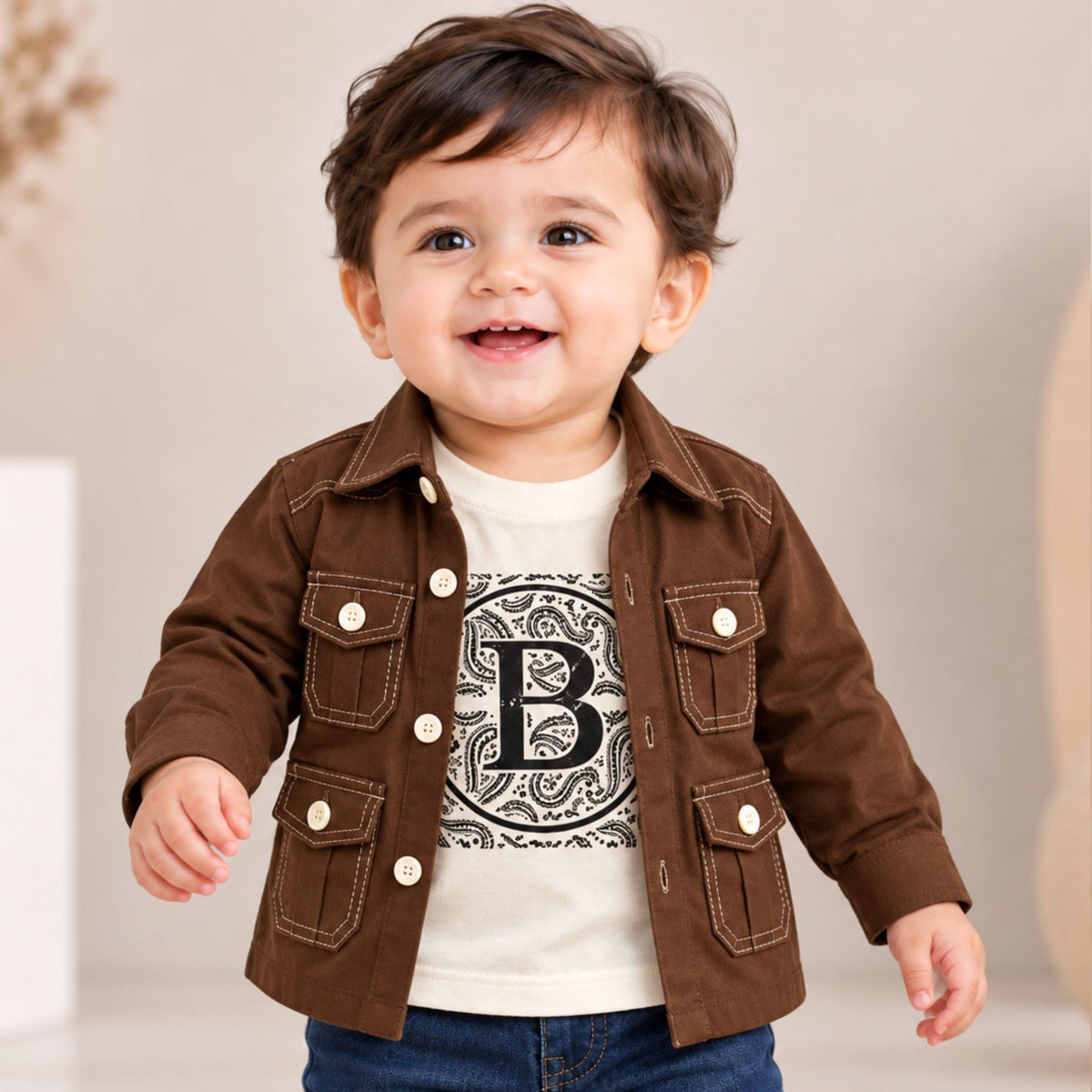 BLAZO camel brown boys shirt jacket with white graphic T-shirt front photoshoot
