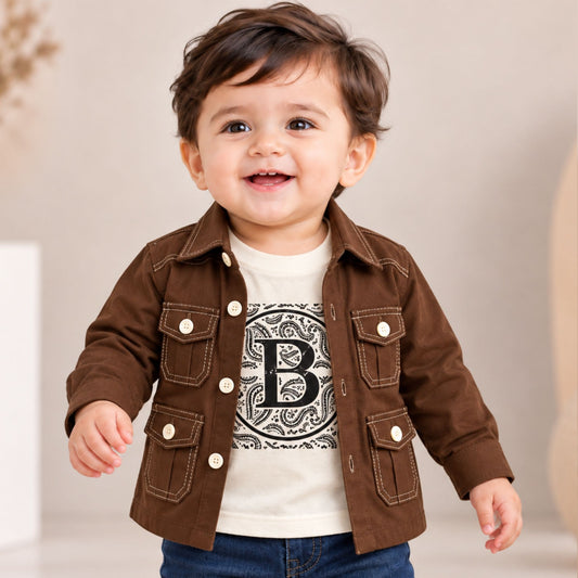 BLAZO camel brown boys shirt jacket with white graphic T-shirt front photoshoot