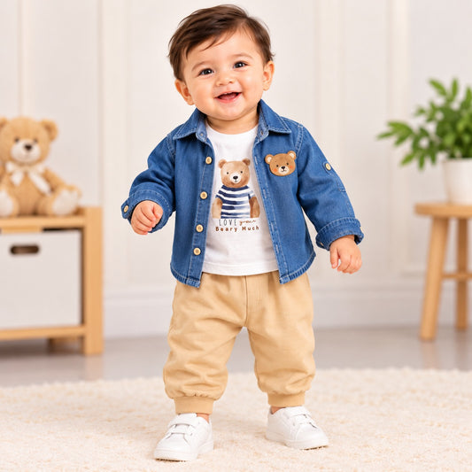 LITTLE KANGAROO light denim baby boy outfit with denim shirt, bear print T-shirt and beige jogger pants front view