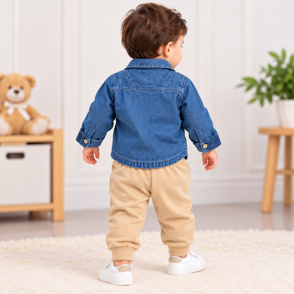 LITTLE KANGAROO light denim baby boy outfit with denim shirt and beige joggers back view