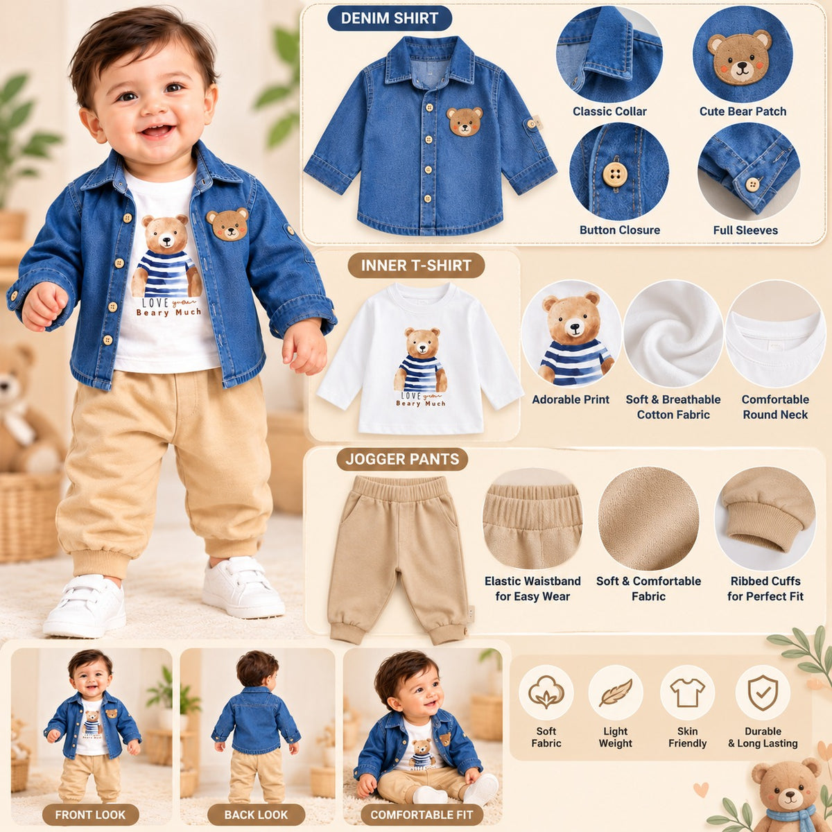 LITTLE KANGAROO light denim shirt, bear print T-shirt and beige jogger pants set product features infographic