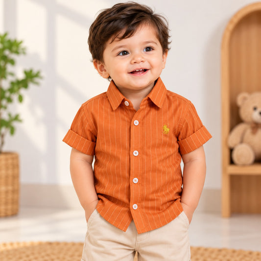 DONOO orange boys pinstripe shirt and beige shorts front view