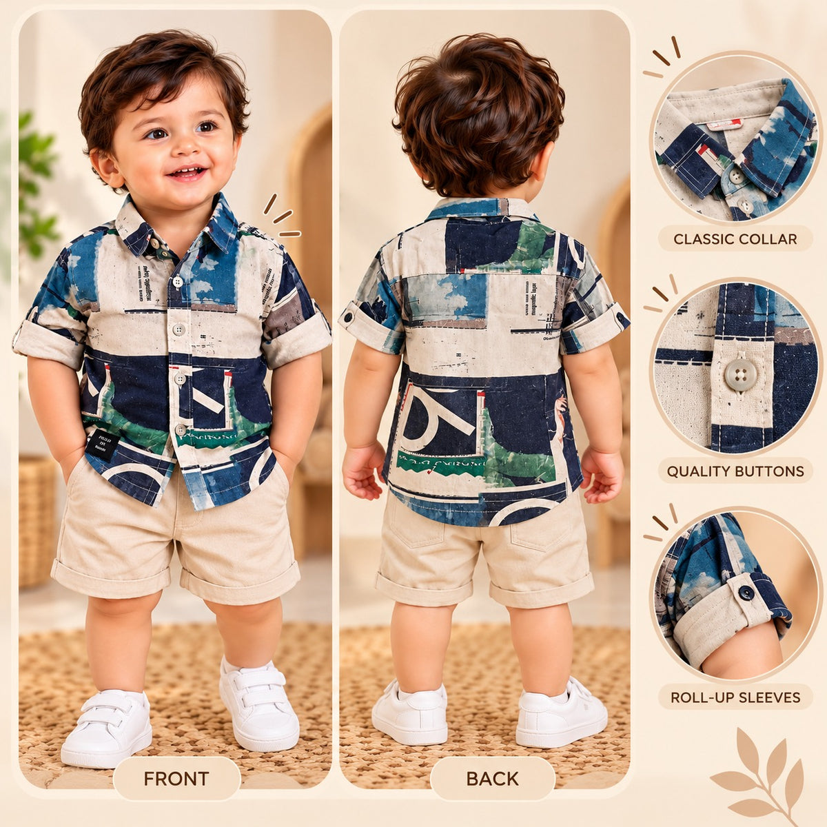 DONOO boys abstract print blue beige green short sleeve button shirt and beige shorts front view