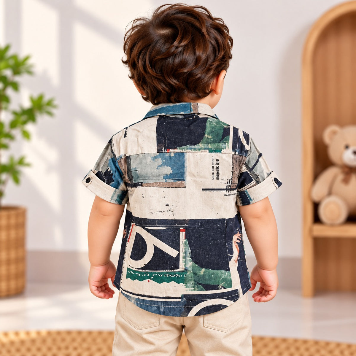 DONOO boys abstract print blue beige green short sleeve button shirt and beige shorts back view
