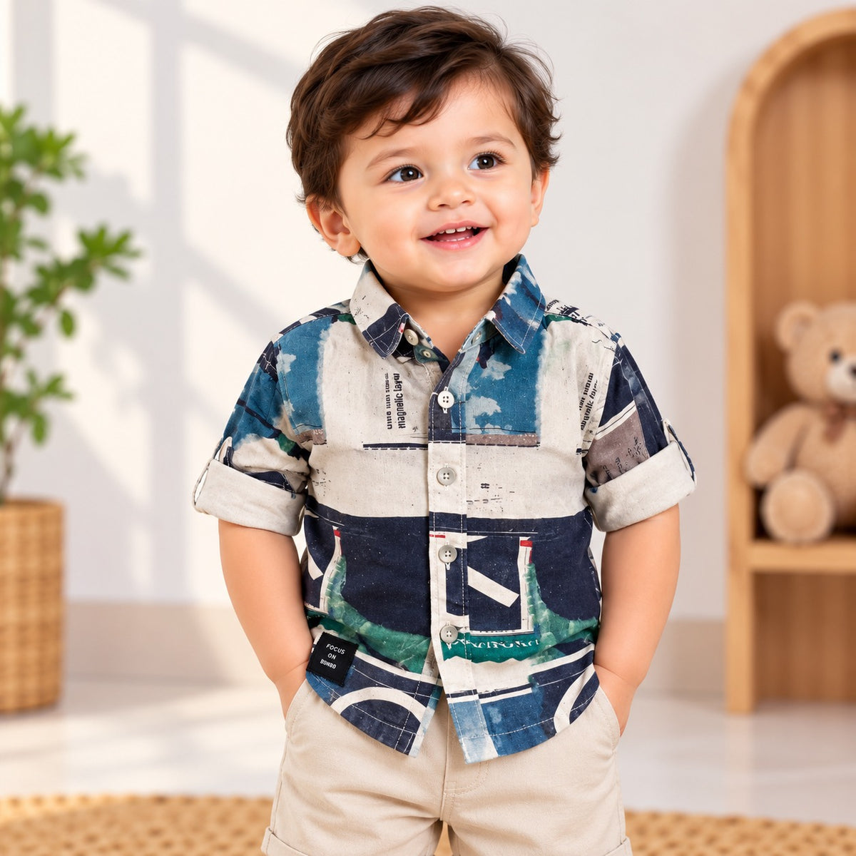 DONOO boys abstract print shirt and beige shorts front back views with collar button and sleeve details