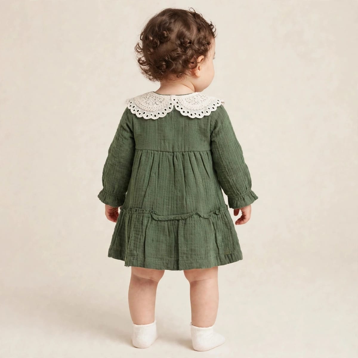 LITTLE KANGAROO olive green muslin baby frock front view