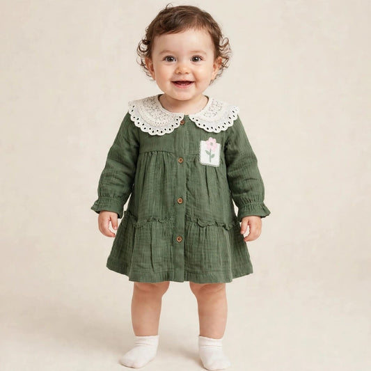 LITTLE KANGAROO olive green muslin baby frock back view