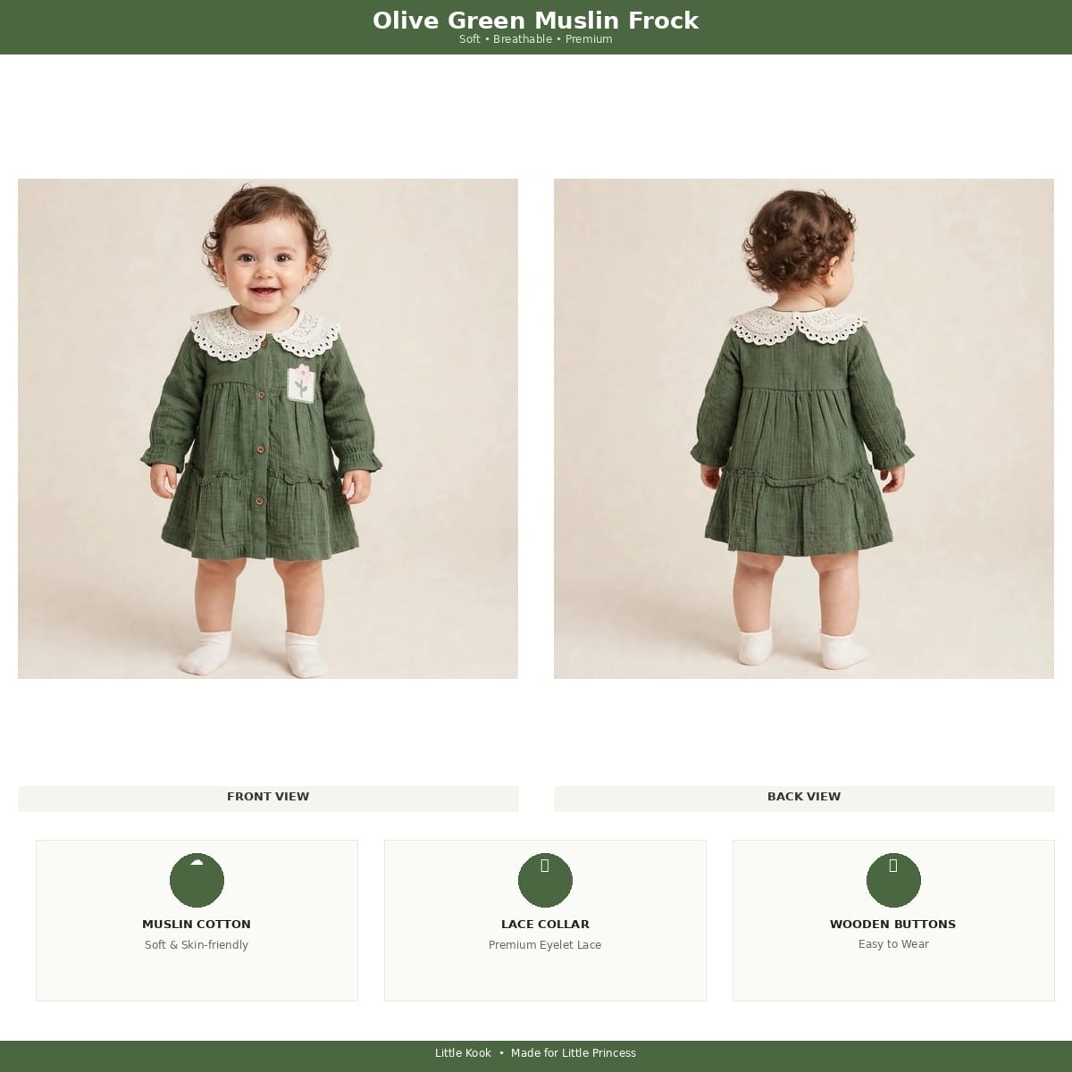 LITTLE KANGAROO olive green muslin frock front and back product details