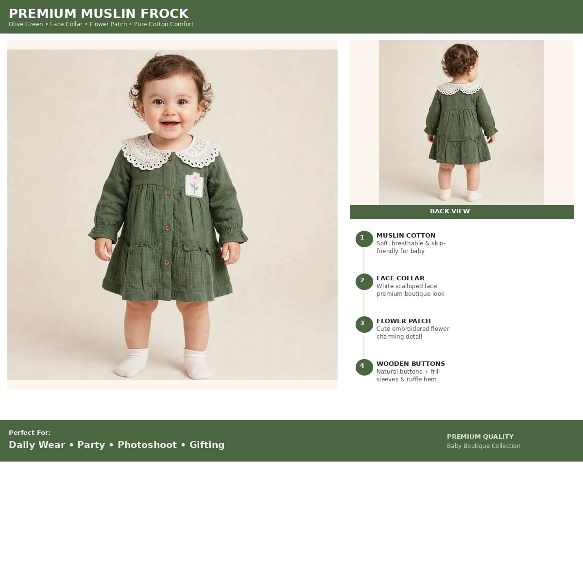 LITTLE KANGAROO olive green premium muslin frock features