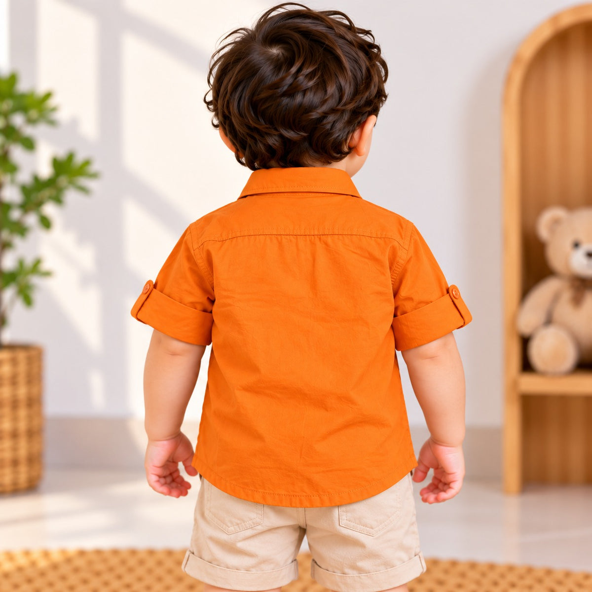 Back view of DONOO boys orange shirt with roll-up sleeves