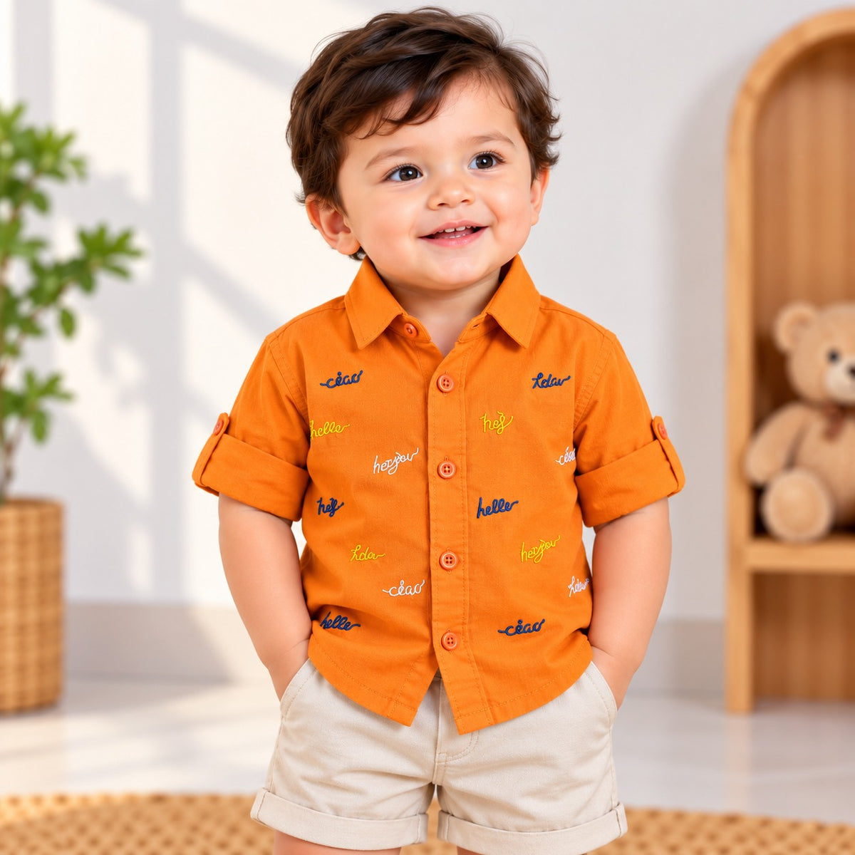 DONOO boys orange printed shirt front view with roll-up sleeves