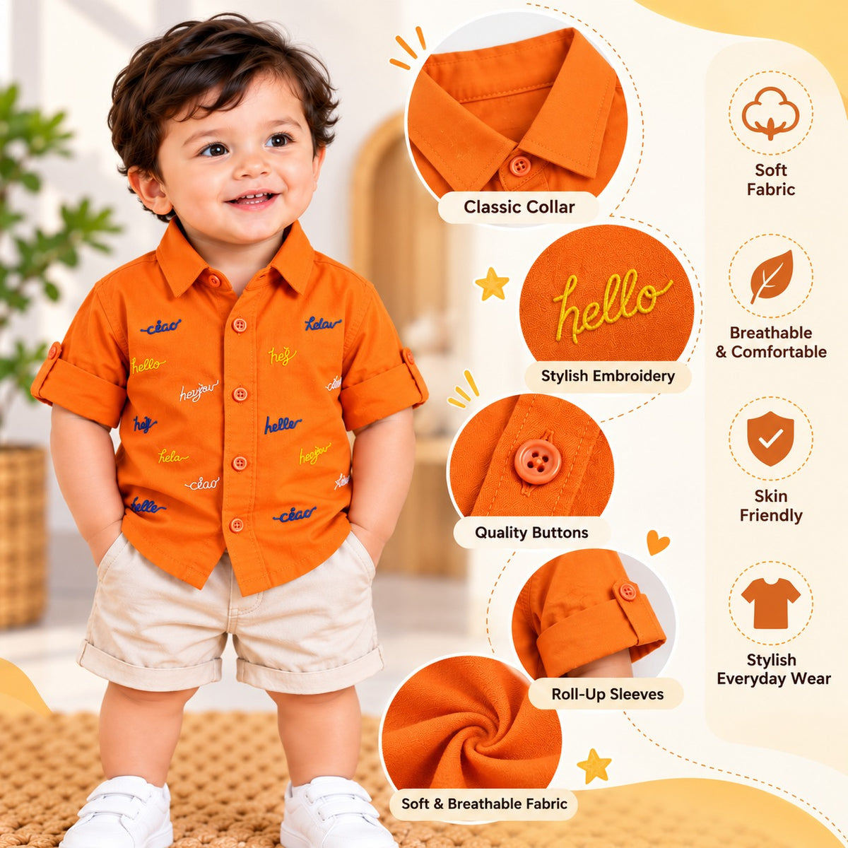 DONOO boys shirt details infographic showing collar, embroidery, buttons and roll-up sleeves
