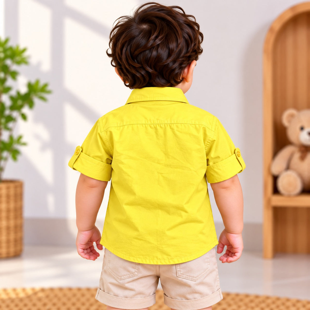 Back view of DONOO boys yellow shirt with roll-up sleeves