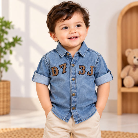 Front view of DONOO boys blue denim-style shirt with chest lettering and button closure