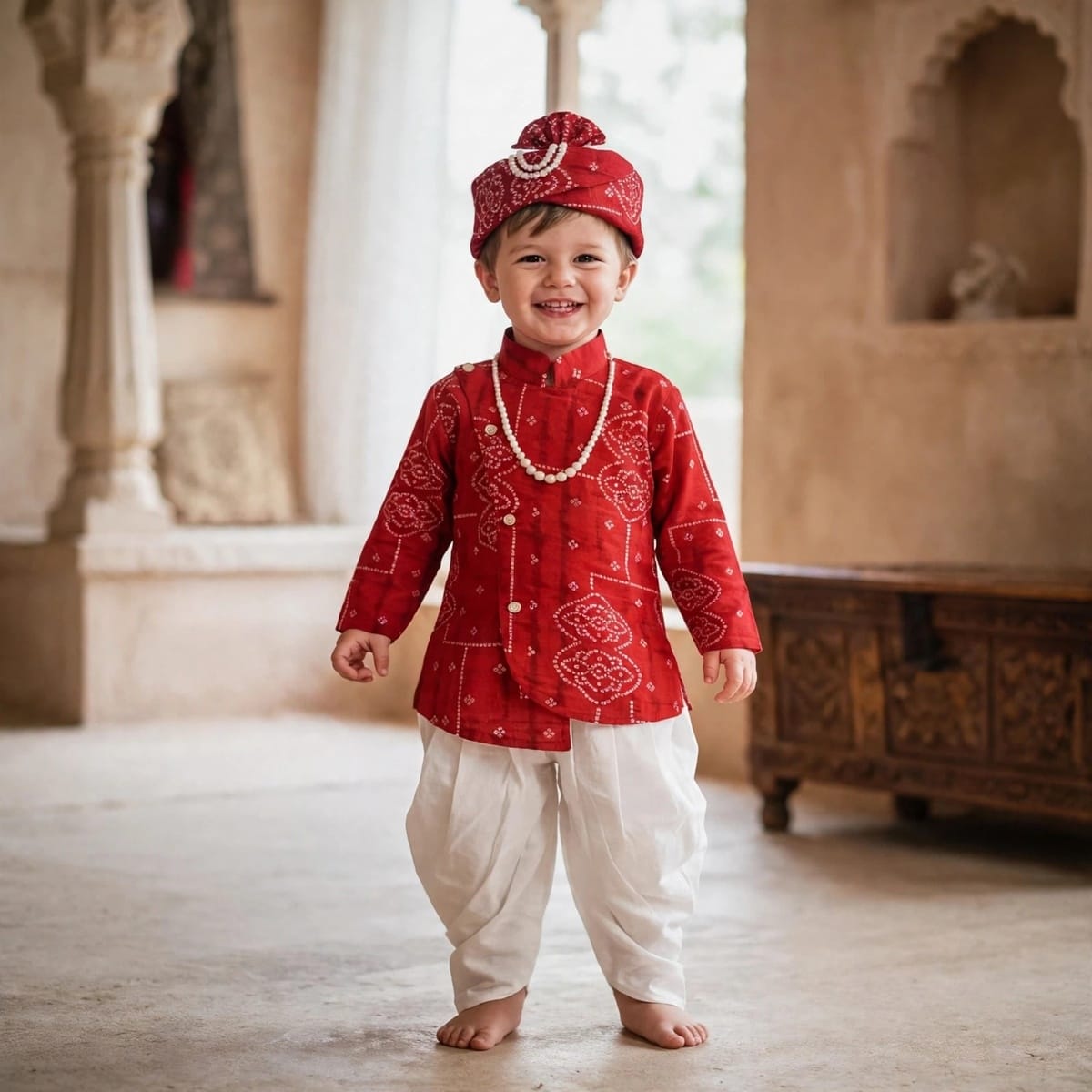 Smile Baby boys red Bandhani kurta with white dhoti pants, matching red turban and pearl necklace, front view