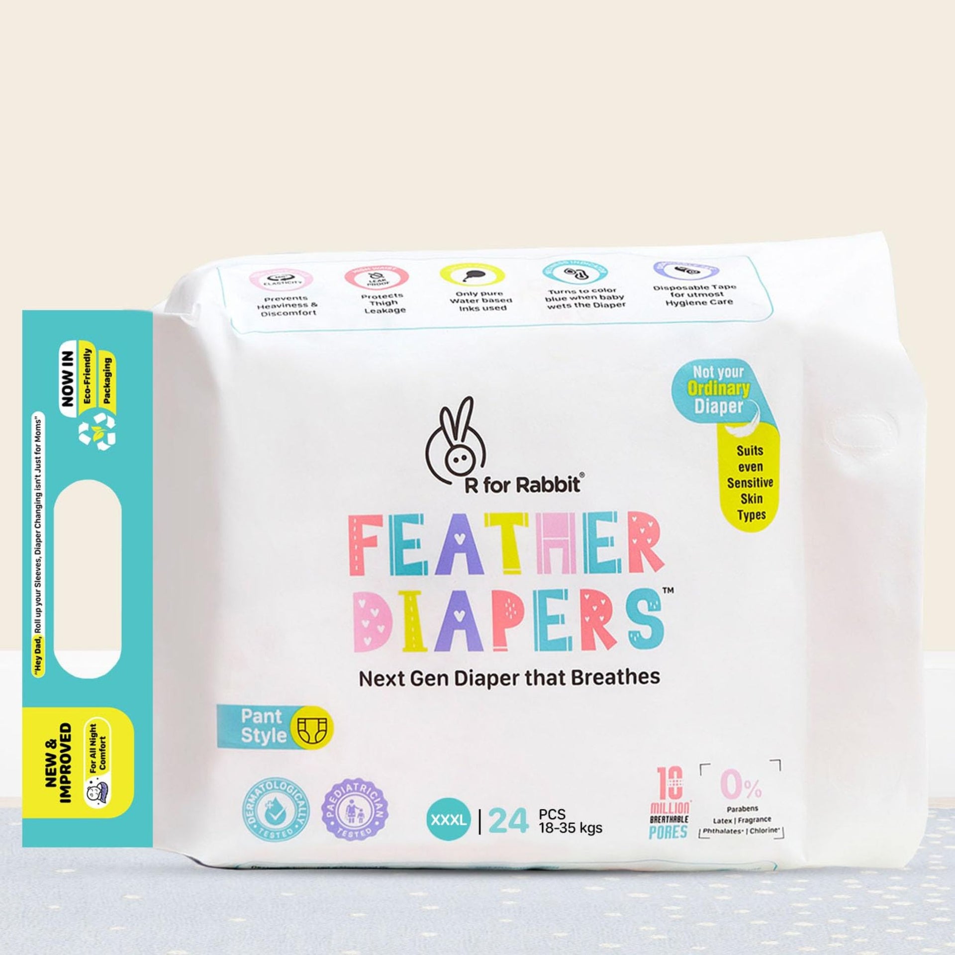 R for Rabbit Feather Diapers XXXL 24PEC (18–35 kg) | Pant Style Baby Diapers | Up to 12 Hours High Absorption | Ultra-Thin, Breathable & Rash-Free | Clinically Tested