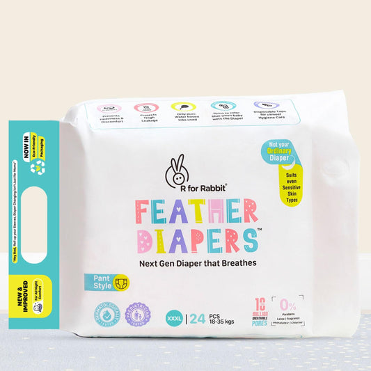 R for Rabbit Feather Diapers XXXL 24PEC (18–35 kg) | Pant Style Baby Diapers | Up to 12 Hours High Absorption | Ultra-Thin, Breathable & Rash-Free | Clinically Tested