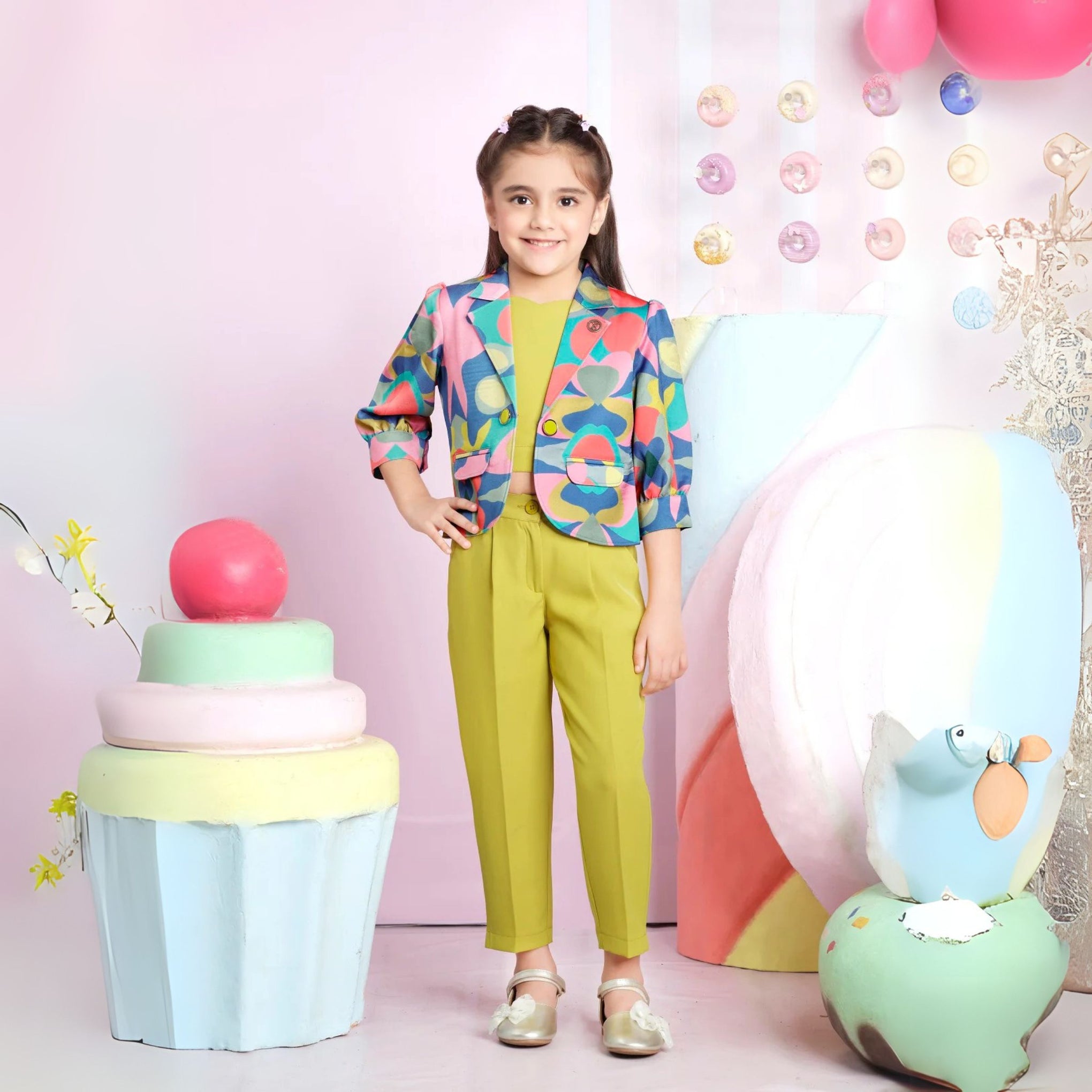 TINY BABY YELLOW COLORE GIRLS TOP AND PANT WITH FULL SLEEVE PRINTED MULTICOLORE JACKET