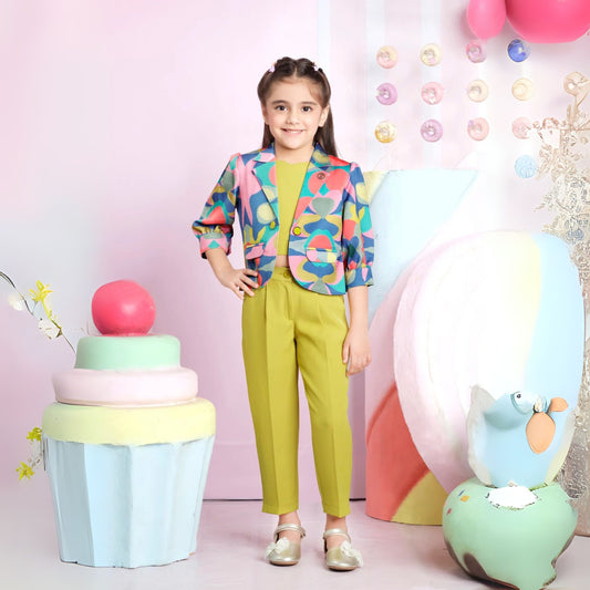 TINY BABY YELLOW COLORE GIRLS TOP AND PANT WITH FULL SLEEVE PRINTED MULTICOLORE JACKET