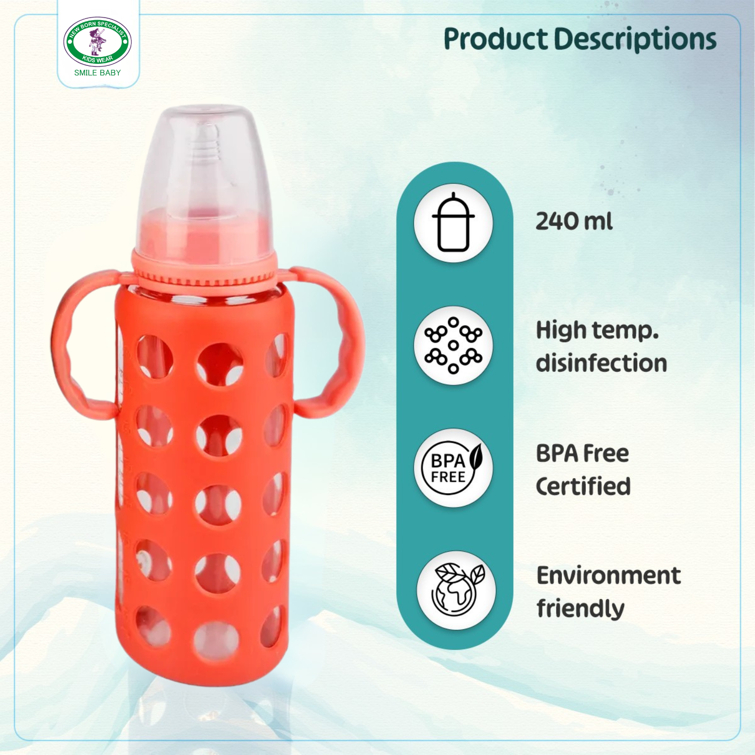 Smile Baby – Minitree 240ml / 8oz Premium Glass Feeding Bottle (With Handles)