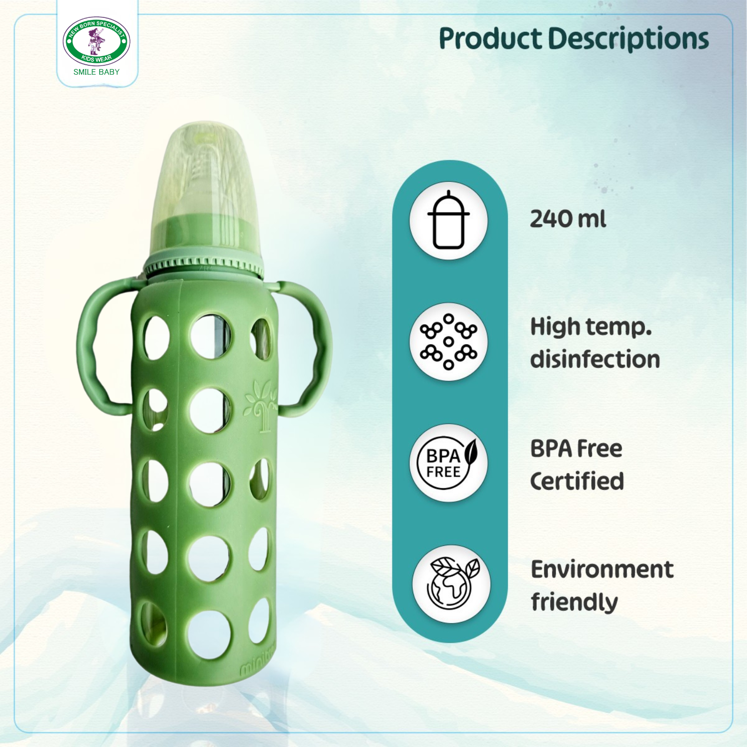 Smile Baby – Minitree 240ml / 8oz Premium Glass Feeding Bottle (With Handles)