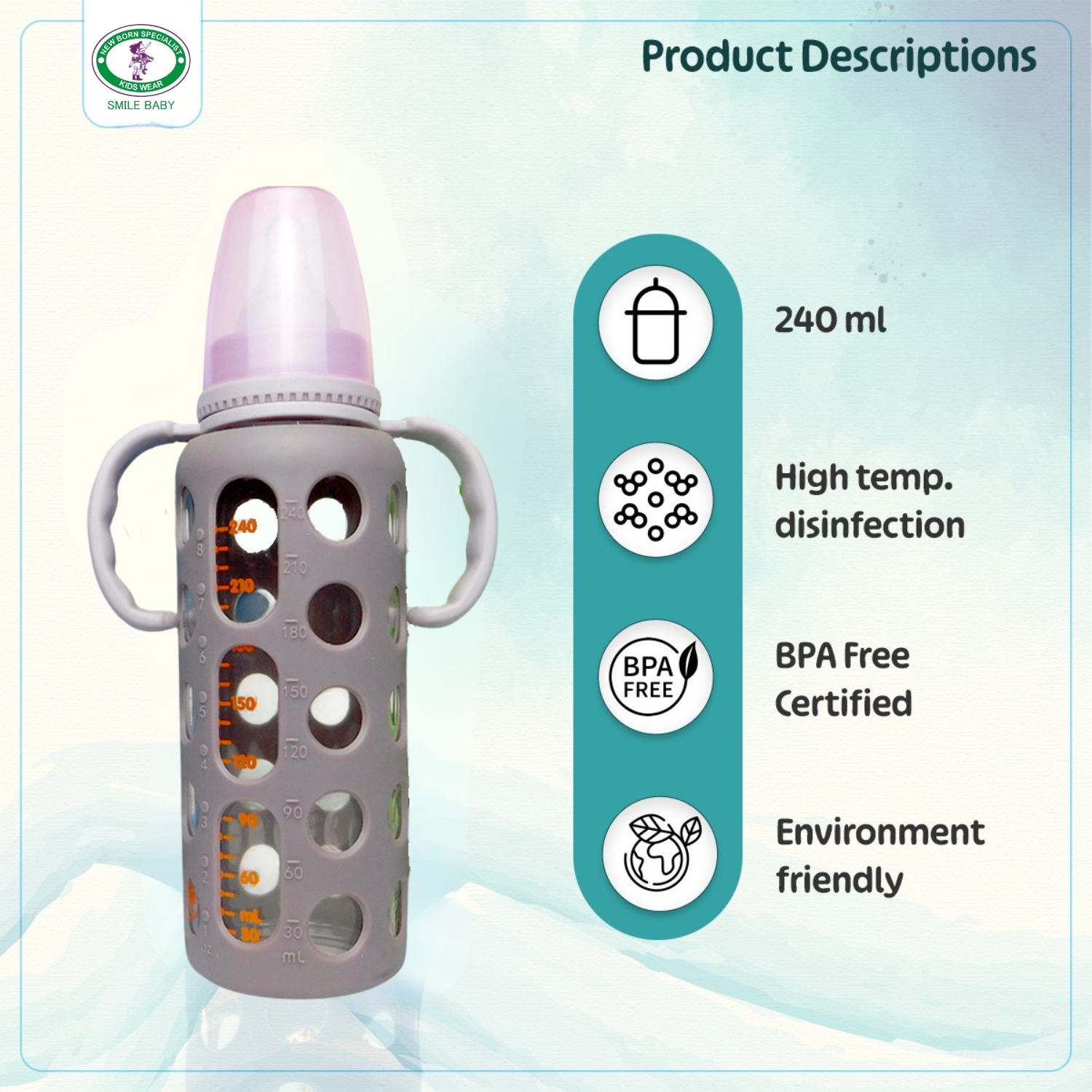 Smile Baby – Minitree 240ml / 8oz Premium Glass Feeding Bottle (With Handles)