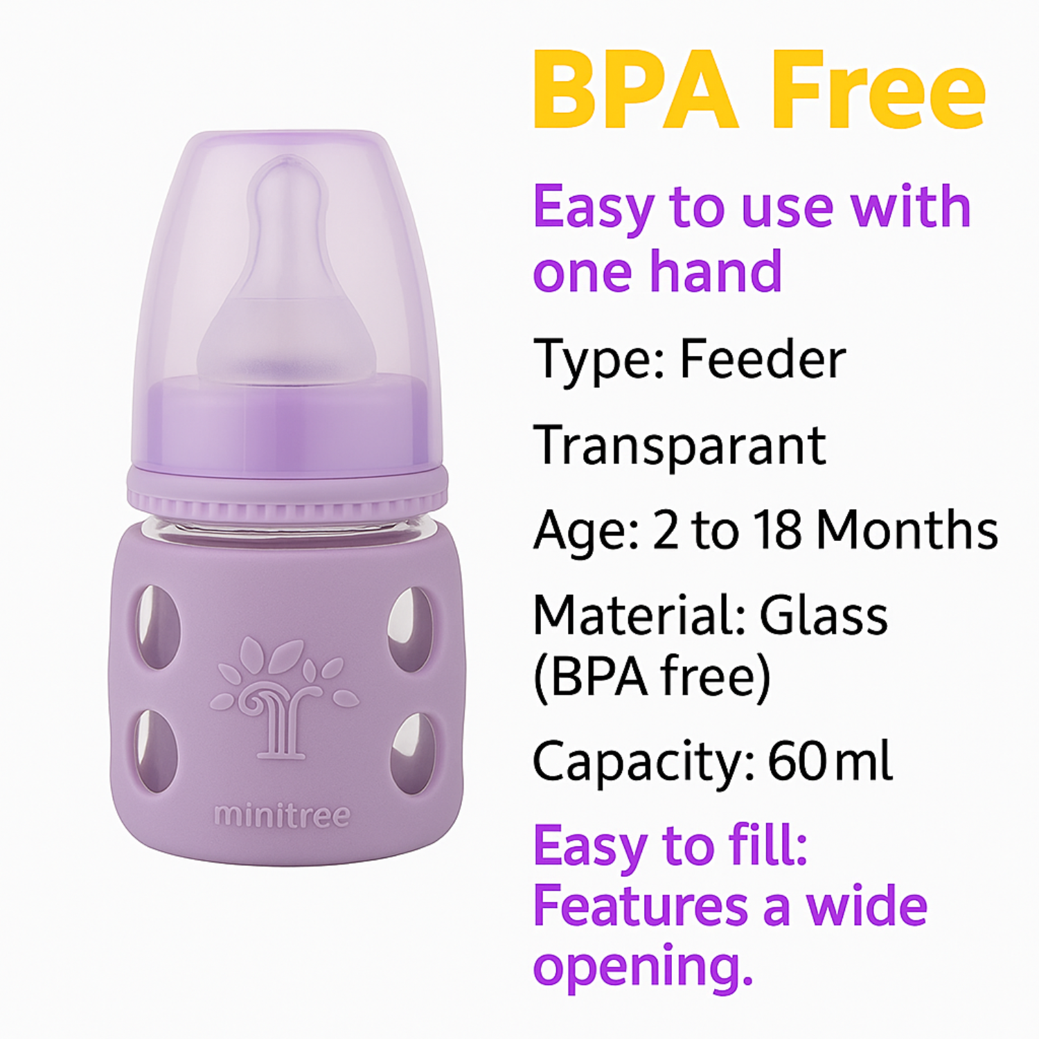 MINITREE Baby Glass Feeding Bottle – 60ml / 2oz | Regular Neck | BPA Free | 0M+ Shock-Proof Design