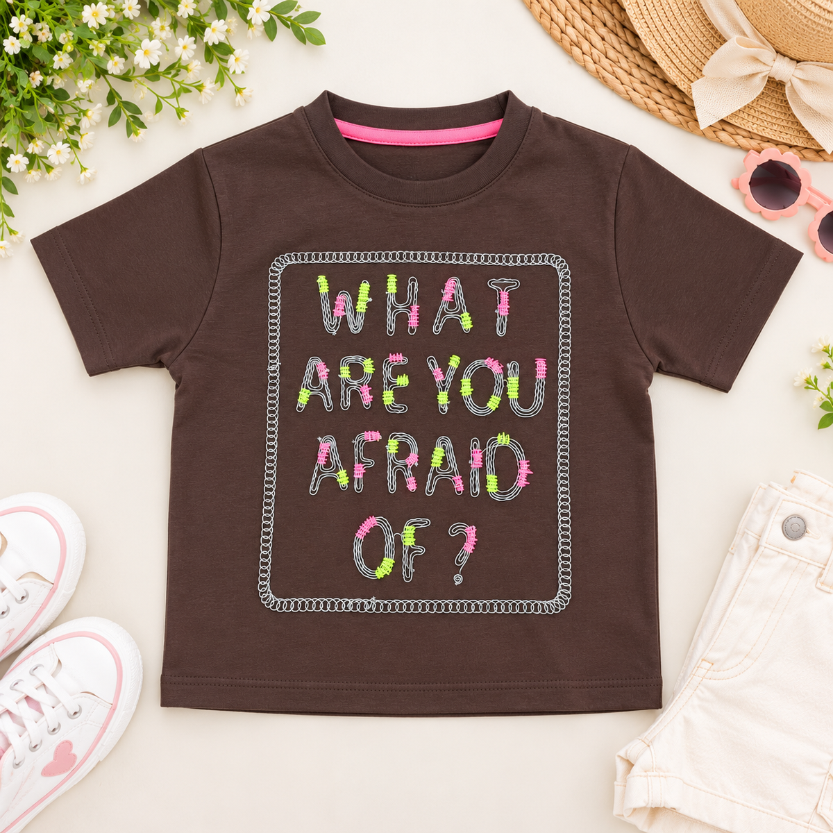 Smile Baby Girls Brown Graphic Embroidered Half Sleeve T-Shirt 