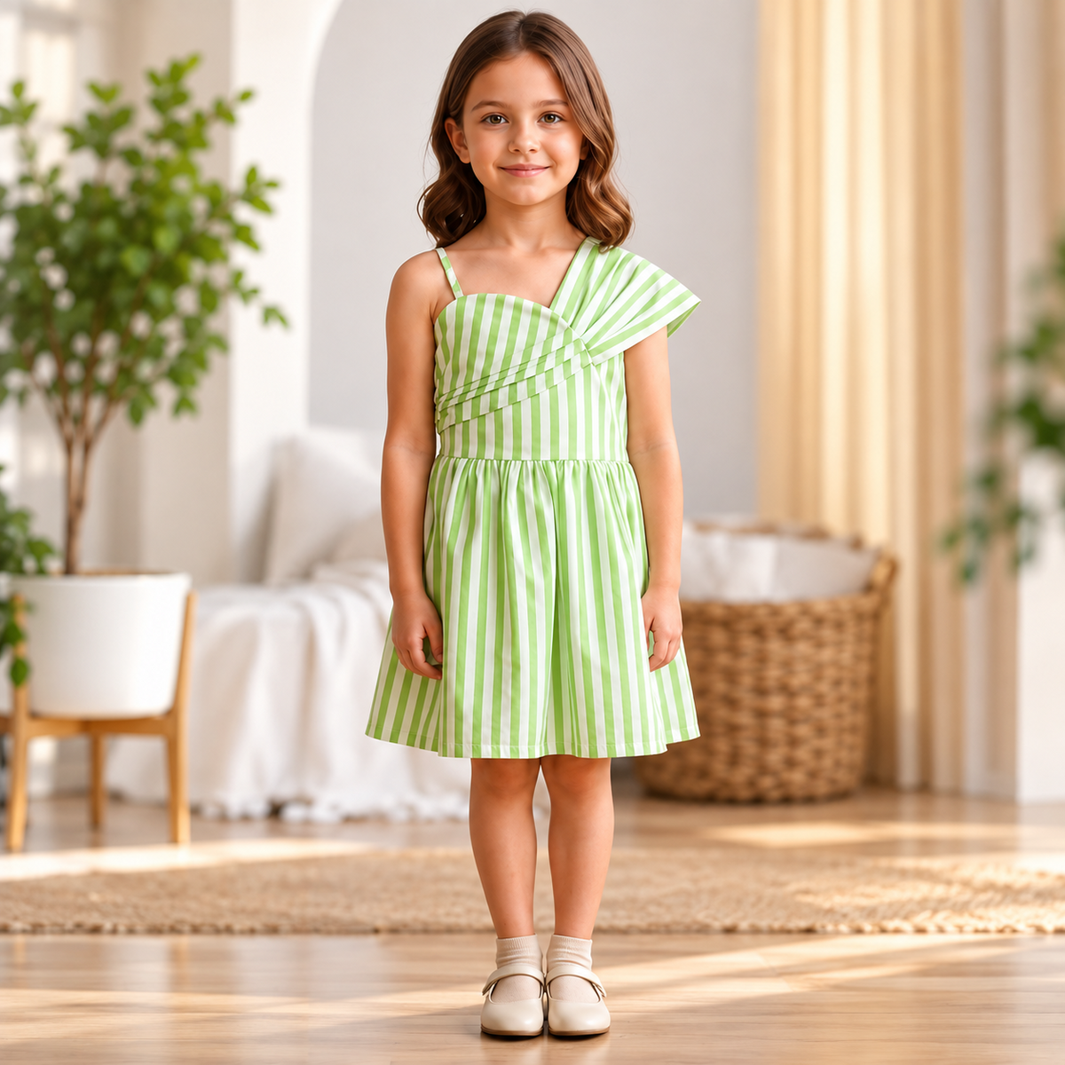 SMILE BABY girls green striped one shoulder dress front