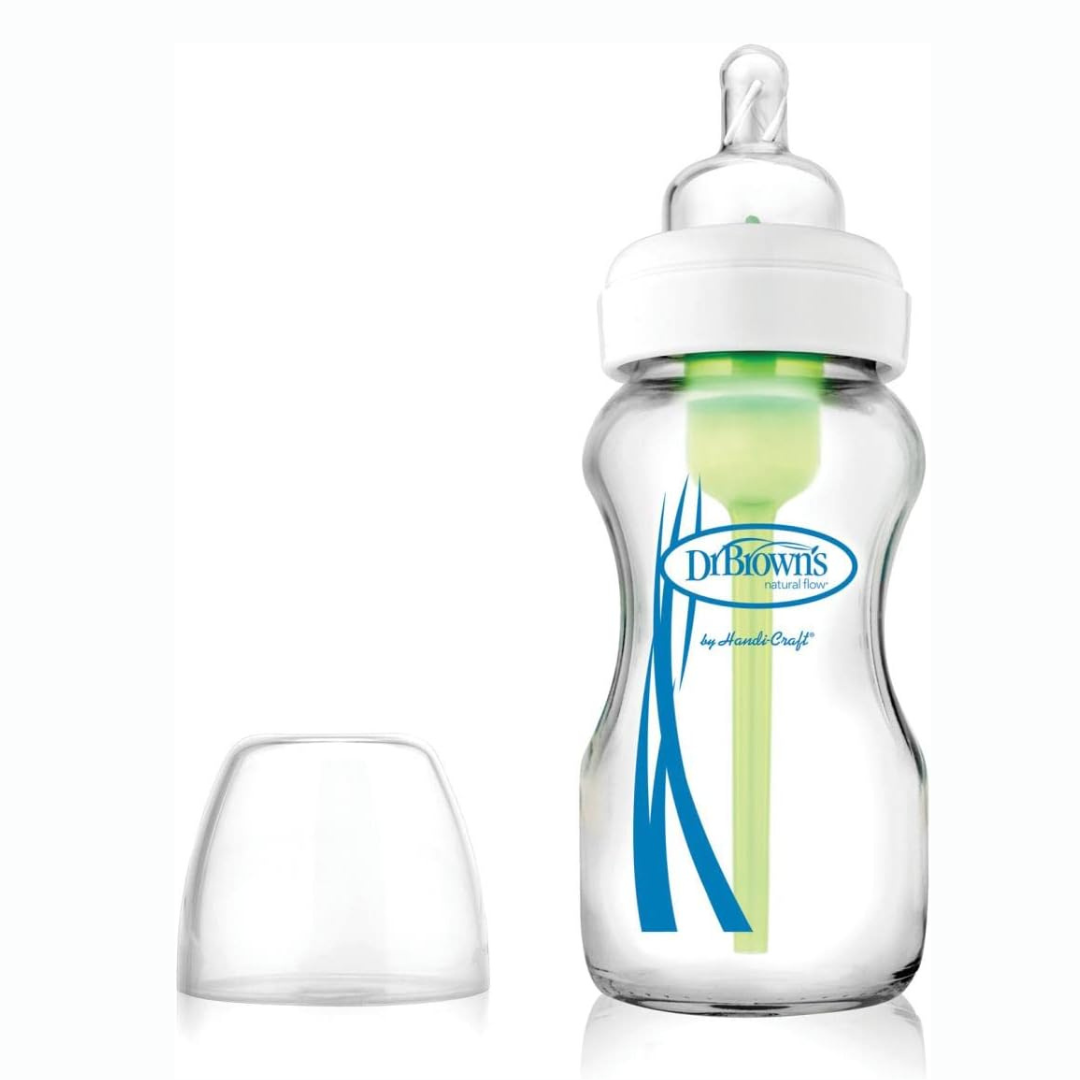 Dr. Brown'S Natural Flow Anti-Colic Options+ Wide-Neck Glass Baby Bottle 9 Oz/270 Ml, With Level 1 Slow Flow Nipple, 1 Pack, 0M+