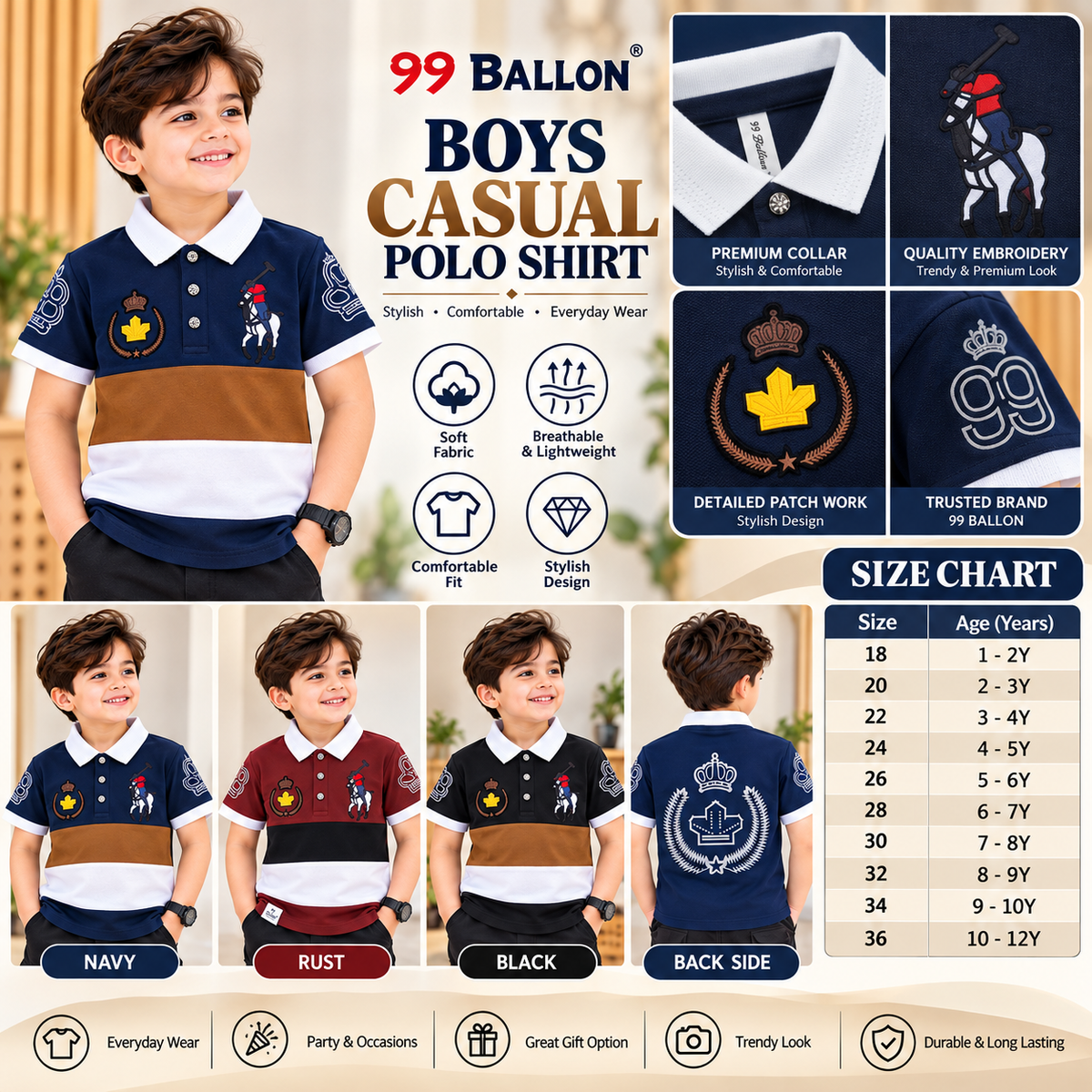 99 BALLON boys colour block polo shirt A+ infographic size chart