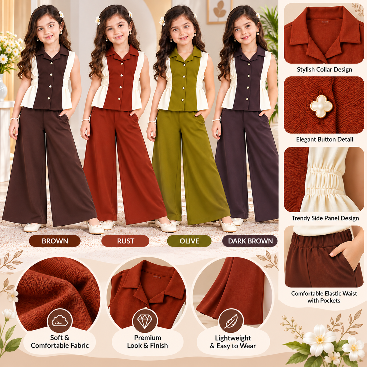 SMILE BABY Girls Premium Sleeveless Collared Top & Wide-Leg Pants Co-Ord Set 