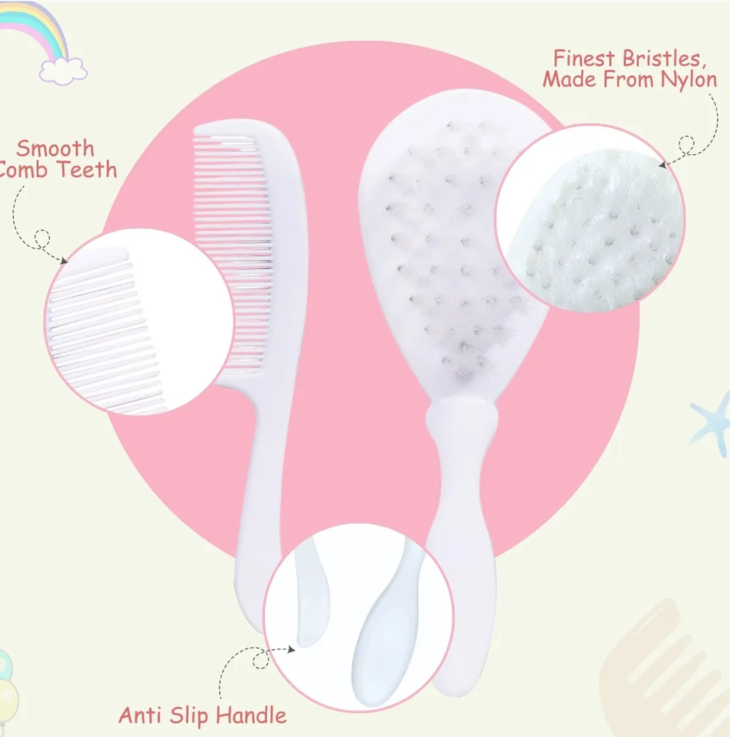 Adore Baby Hair Brush and Comb Set – Super Soft Nylon Bristles, BPA-Free, Gentle Newborn Grooming Kit (0+ Months)