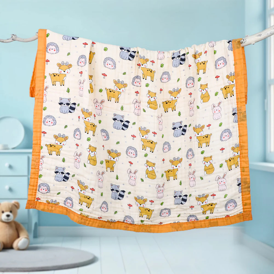 Smile Baby Soft Colorful Mushroom / Animal Print Muslin 6 Layer Blanket for Baby | 100% Muslin Cotton | Size 100x100cms