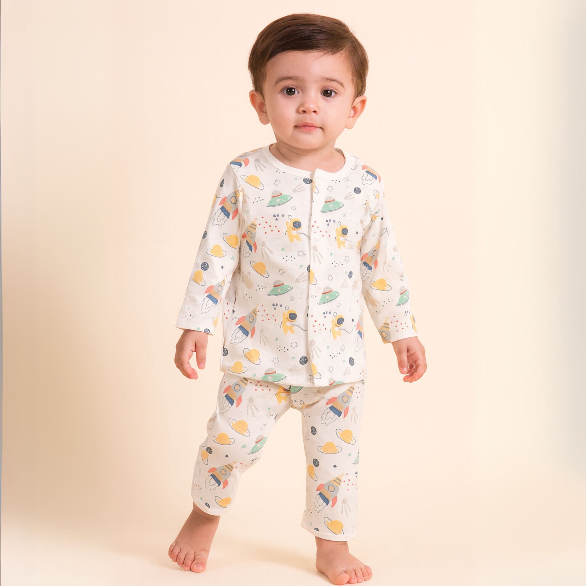 TOFFY HOUSE Kids’ Space Print Cotton Night Suit – Full Sleeve | Unisex | 9 Months –3 Years