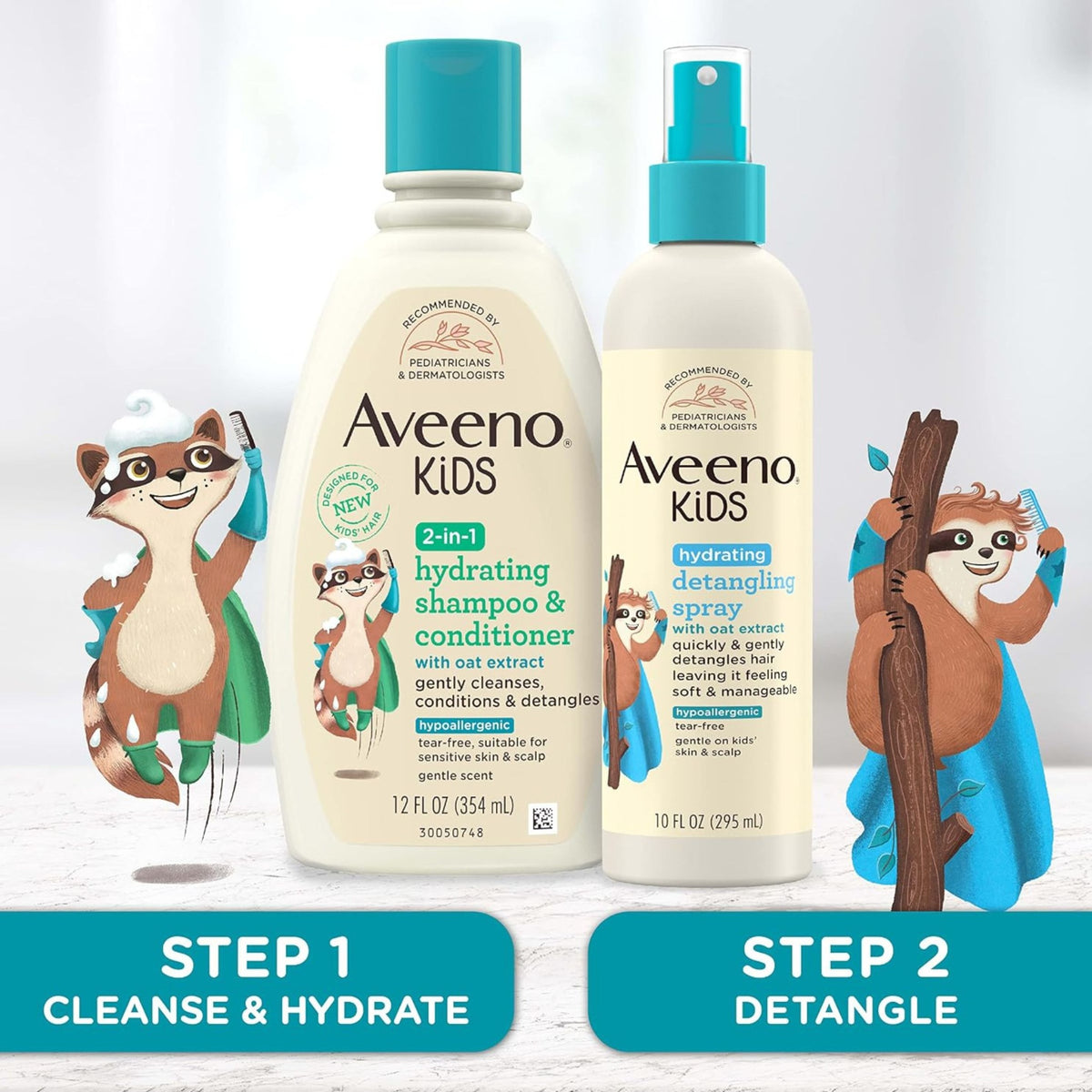 Aveeno Kids shampoo and hydrating detangling spray with oat extract two step hair care routine