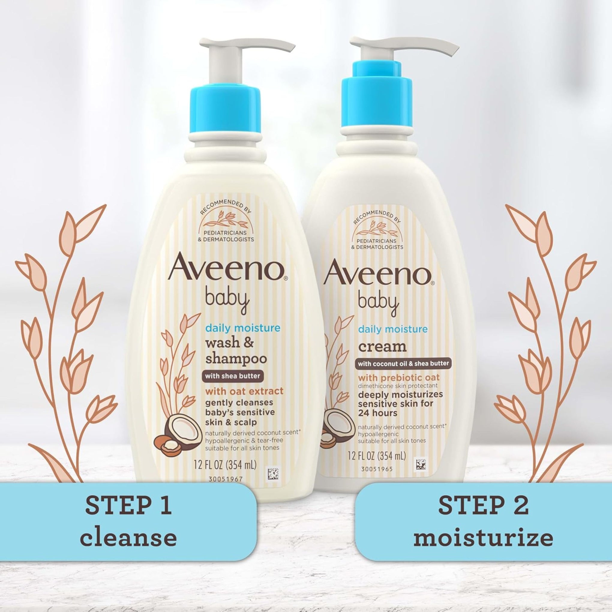 Aveeno Baby Daily Moisturizing 2-in-1 Wash & Shampoo, Baby Body Wash & Shampoo with Shea Butter & Oat Extract Gently Cleanses Baby's Sensitive Skin & Scalp, Gentle Coconut Scent, 12 fl. oz , 354ML