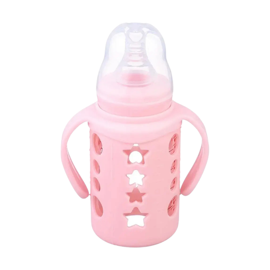 MUMLOVE Baby Glass Feeding Bottle – 120ml / 4oz | BPA Free | Shock-Proof Sleeve | Dust-Proof Cover | 2–18 Months
