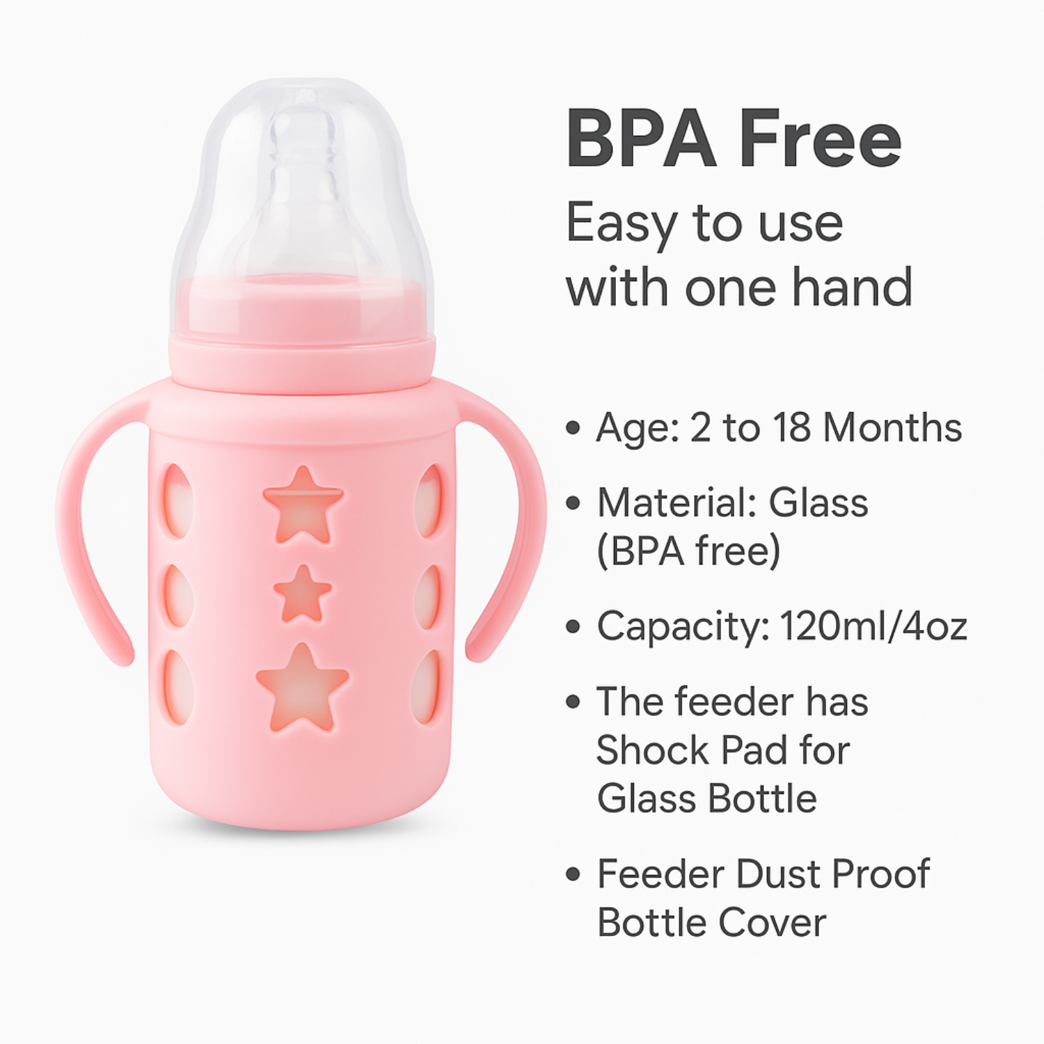 MUMLOVE Baby Glass Feeding Bottle – 120ml / 4oz | BPA Free | Shock-Proof Sleeve | Dust-Proof Cover | 2–18 Months