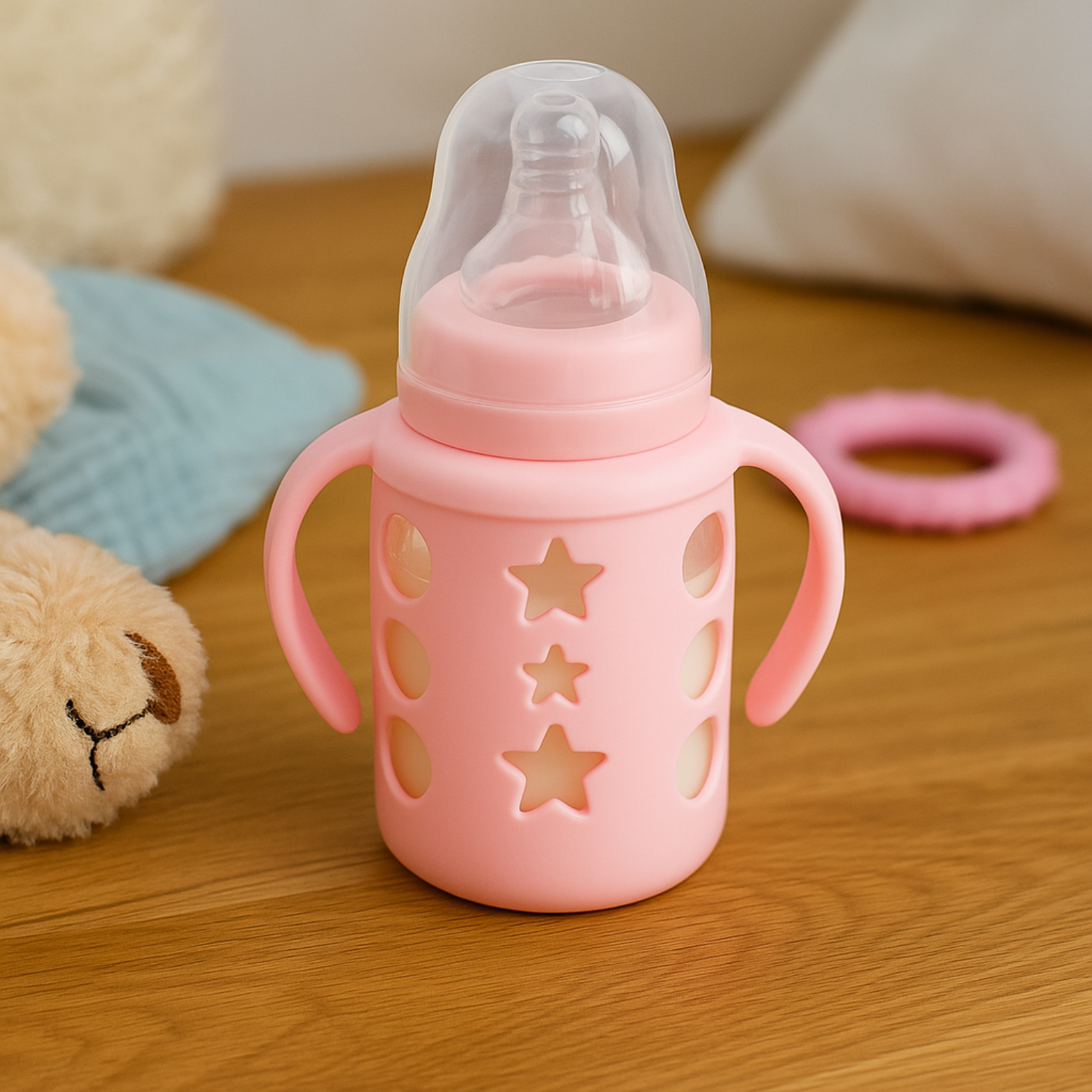 MUMLOVE Baby Glass Feeding Bottle – 120ml / 4oz | BPA Free | Shock-Proof Sleeve | Dust-Proof Cover | 2–18 Months