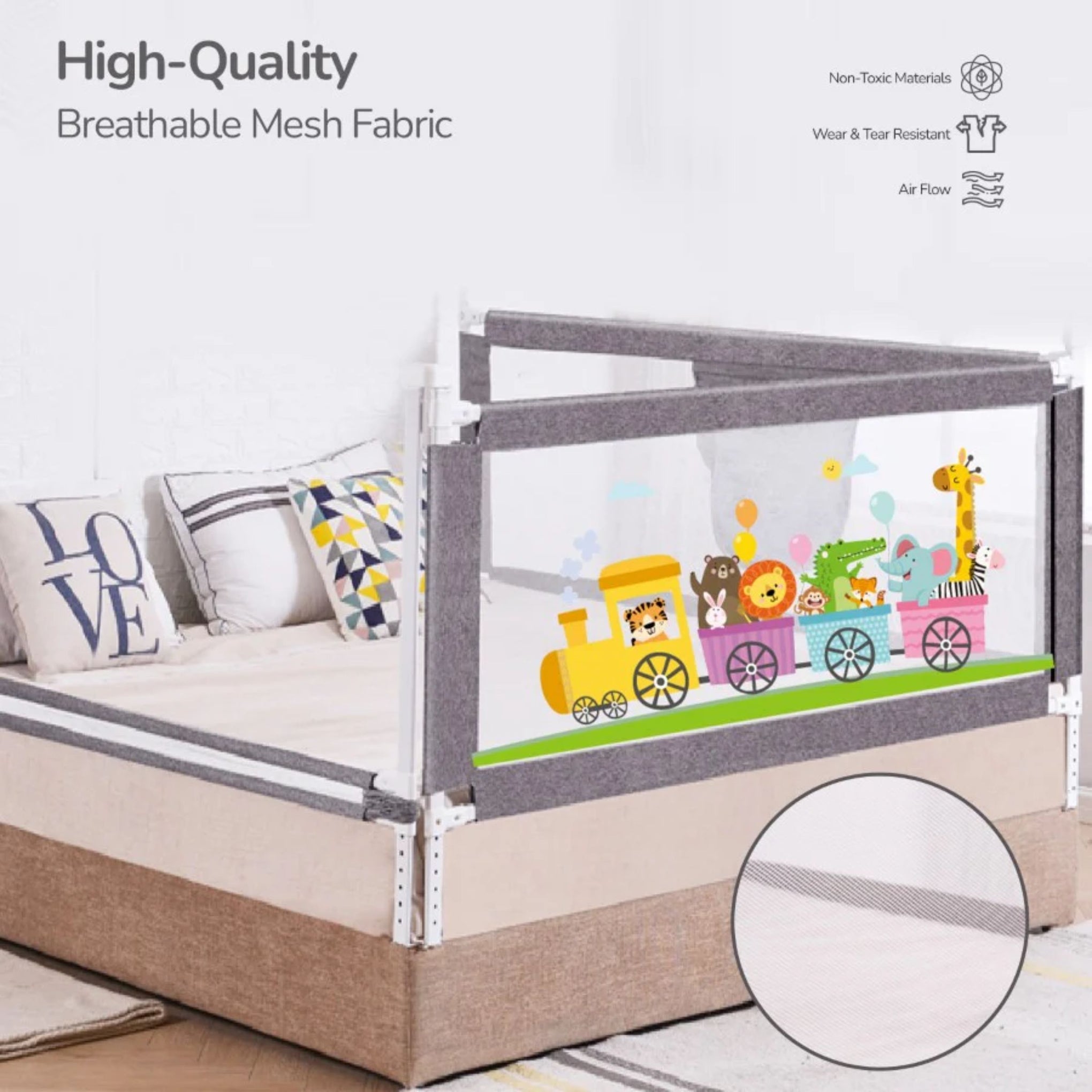 R for Rabbit Safari Baby Bed Rail, (Pack of 1) , Anti-Fall Safeguard Toddler Safety, Adjustable Height & Foldable with Storage Pocket for Kids ( BLUE , GREY , PINK )