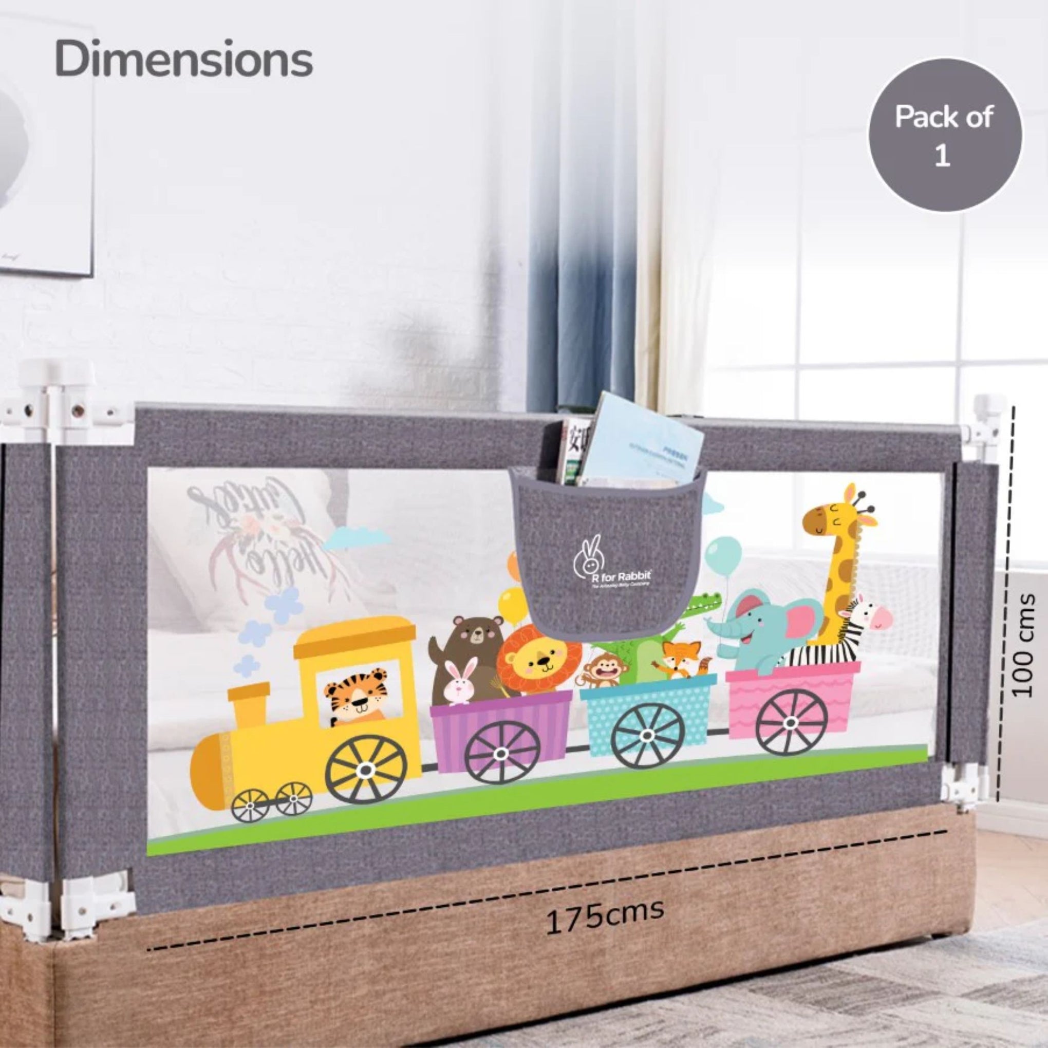 R for Rabbit Safari Baby Bed Rail, (Pack of 1) , Anti-Fall Safeguard Toddler Safety, Adjustable Height & Foldable with Storage Pocket for Kids ( BLUE , GREY , PINK )