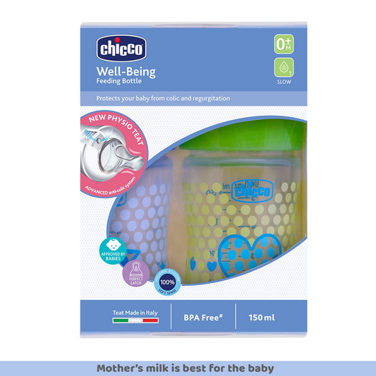 Chicco Well-Being Bipack Feeding Bottle, Advanced Anti-Colic System, BPA Free, Hygienic Silicone Teat (Blue & Green)