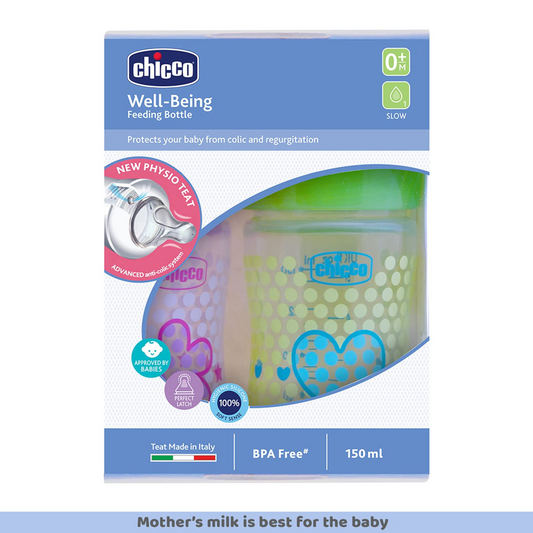 Chicco Well-Being Bipack Feeding Bottle, Advanced Anti-Colic System, BPA Free, Hygienic Silicone Teat (Pink & Green)