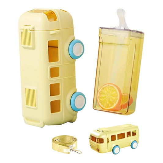 baabus Plastic Water Bottle For Kids,Bus Shape Car Water Bottle With Straw For Kids,Portable Kid Water Cup With Shoulder Strap,Cute Car Water Bottles With Movable Wheels,Leakproof,500 ml,Yellow