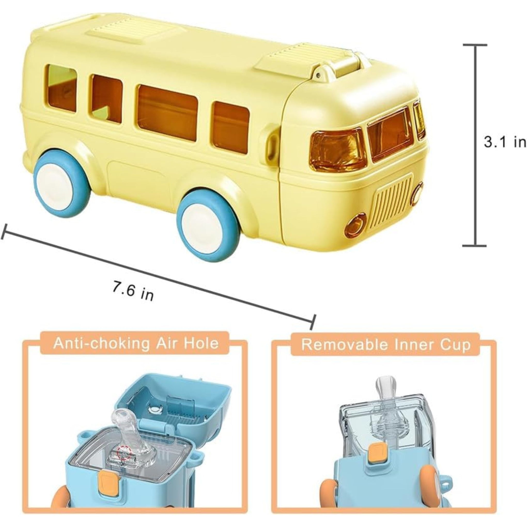 baabus Plastic Water Bottle For Kids,Bus Shape Car Water Bottle With Straw For Kids,Portable Kid Water Cup With Shoulder Strap,Cute Car Water Bottles With Movable Wheels,Leakproof,500 ml,Yellow