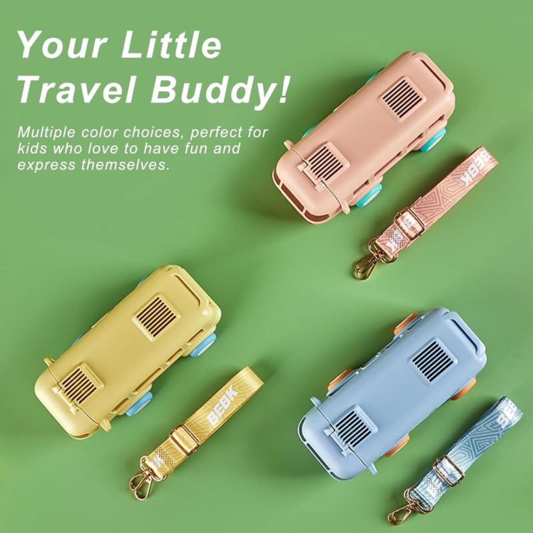 baabus Plastic Water Bottle For Kids,Bus Shape Car Water Bottle With Straw For Kids,Portable Kid Water Cup With Shoulder Strap,Cute Car Water Bottles With Movable Wheels,Leakproof,500 ml,Yellow