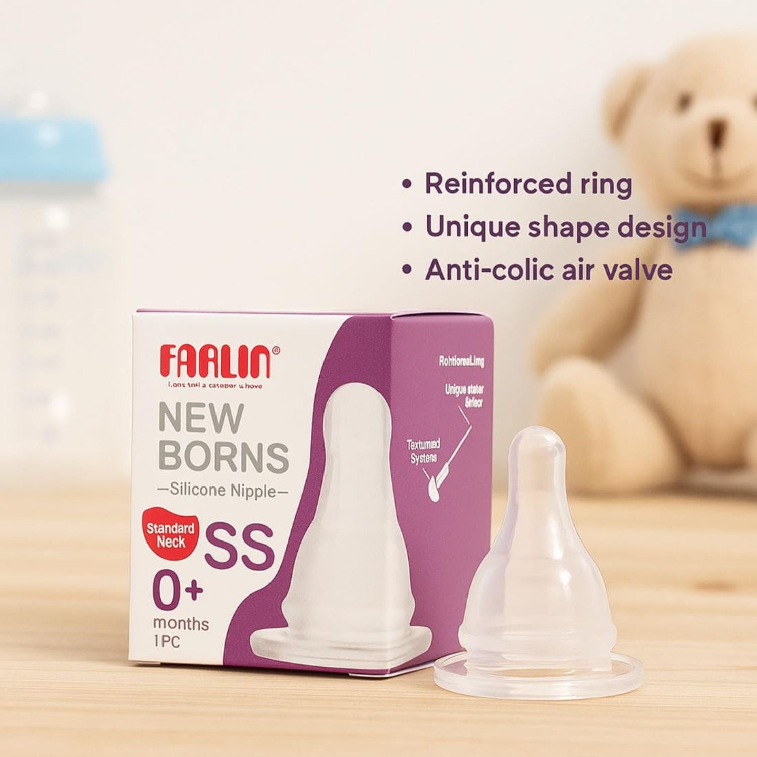 Farlin New Borns Silicone Feeding Nipple SS Size (0+ Months) – Standard Neck Baby Bottle Nipple with Anti-Colic Air Valve System